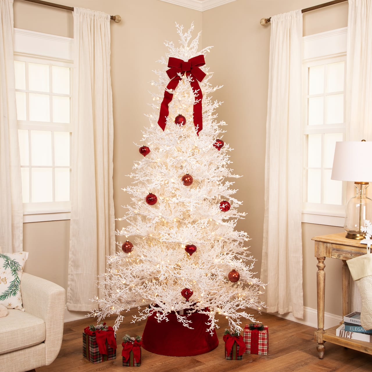 7.5ft. Pre-Lit Flocked Twig Artificial Christmas Tree, Warm White LED Lights